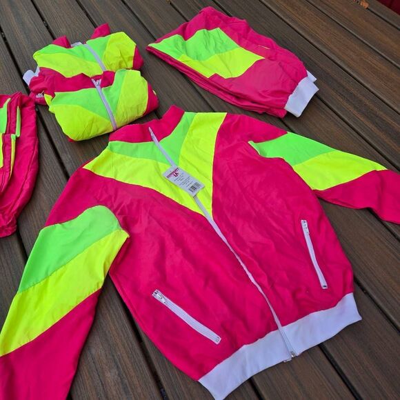 3 tops & 2 pants windbreaker 80s neon costumes fun run pink yellow green M L&xl - Picture 14 of 16